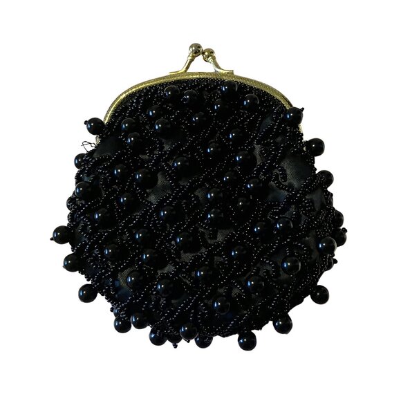 Vintage Handbags - Vintage 60s Black Beaded Coin Purse Handmade Hong Kong Evening Bag Retro Mod MCM